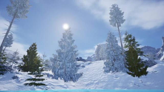 4K Winter Forest Landscape with Snow-Covered Trees and Bright Sunlight


