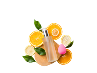 Citrus Infused Skincare With Pump Bottle And Beauty Blender isolated on a transparent background