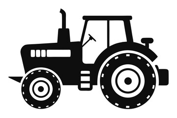 Black Silhouette Illustration of a Tractor with Cab, Wheels, Steering Wheel, and Exhaust Pipe