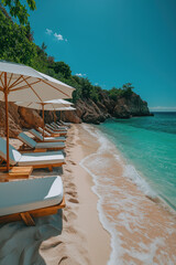 Transats et parasols alignés sur plage paradisiaque, eau turquoise, ciel bleu clair et ambiance estivale luxueuse