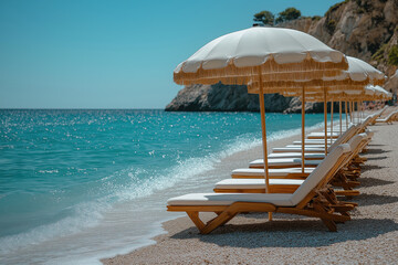 Transats et parasols alignés sur plage paradisiaque, eau turquoise, ciel bleu clair et ambiance estivale luxueuse