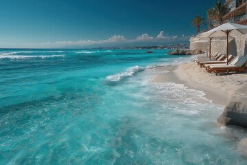 Transats et parasols alignés sur plage paradisiaque, eau turquoise, ciel bleu clair et ambiance estivale luxueuse