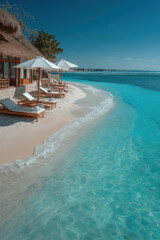 Transats et parasols alignés sur plage paradisiaque, eau turquoise, ciel bleu clair et ambiance estivale luxueuse