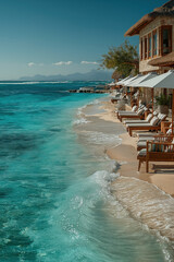 Transats et parasols alignés sur plage paradisiaque, eau turquoise, ciel bleu clair et ambiance estivale luxueuse