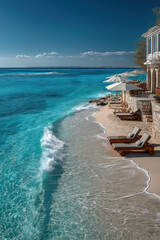 Transats et parasols alignés sur plage paradisiaque, eau turquoise, ciel bleu clair et ambiance estivale luxueuse