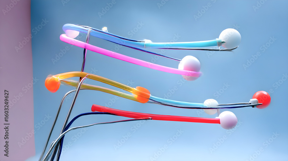Poster colorful abstract sculpture featuring curved wires and spheres, creating a dynamic visual compositio