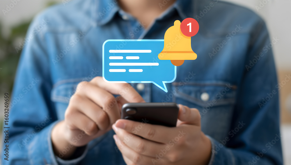 Poster man receiving a new message notification alert on his smartphone