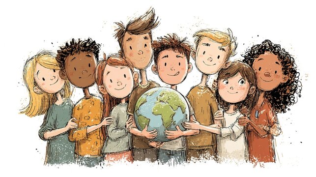 Cartoon illustration of diverse children embracing the globe, symbolizing global unity, peace, friendship, and environmental protection