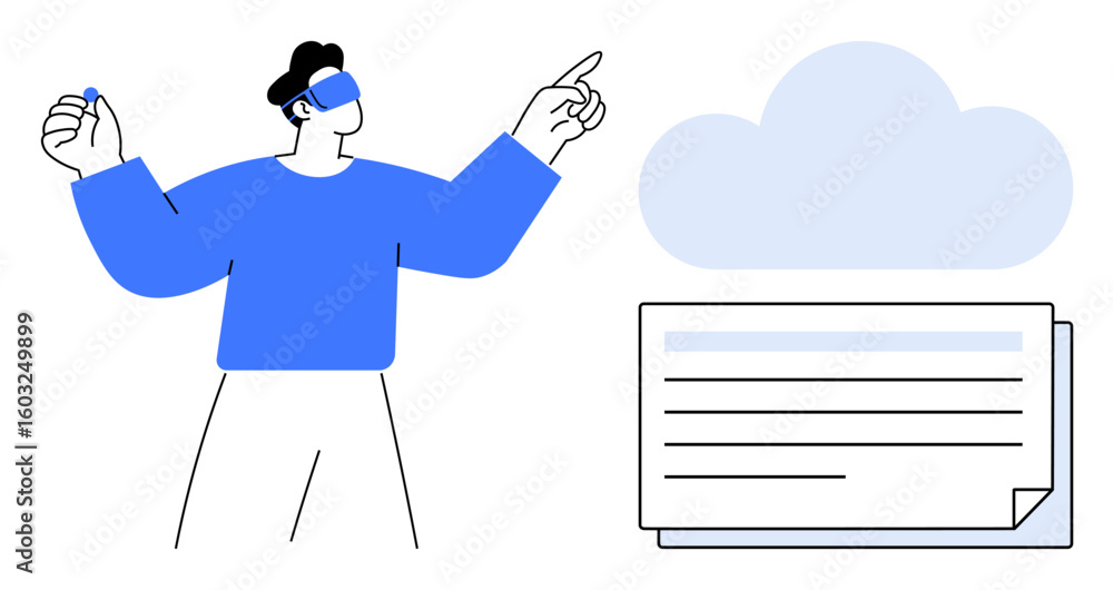 Poster person wearing vr headset pointing at floating cloud and document, representing technology interacti