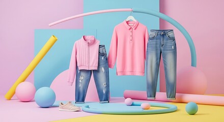 Modern fashion presentation of trendy pink outfits with blue jeans and geometric background