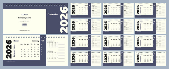 Desktop calendar for 2026. Template for branded souvenirs, copy space, modern. Set of 12 pages and cover. Horizontal, 210x100mm, English