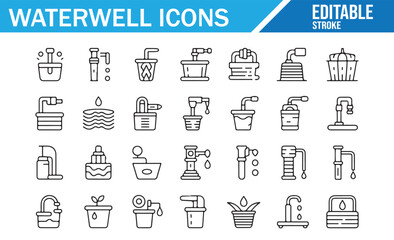  Set of water well icons with pump, faucet, and water storage elements, editable stroke vector illustrations for environmental and water-related concepts