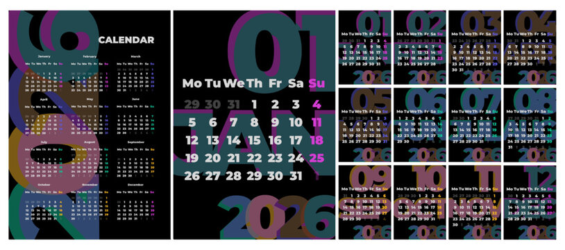 Calendar for 2026. Modern design, Black, A4, vertical, English. Set of 12 pages and cover.