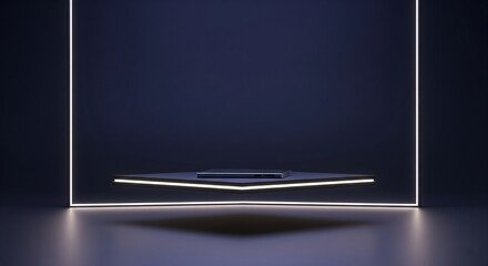 Modern laptop on illuminated platform with minimalistic design and dark moody ambience