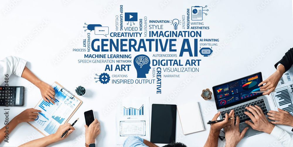 Poster a vibrant workspace where individuals collaborate using ai tools for generative art, showcasing crea