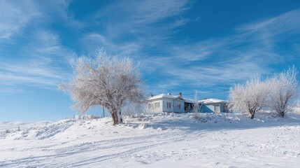 Frosty winter scene with snow-covered houses.
