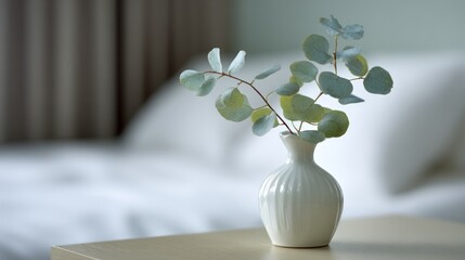 Light teal eucalyptus sprigs in a white vase.