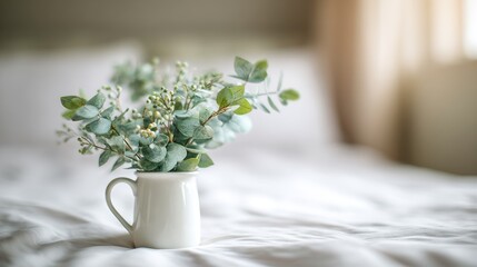 Fototapeta premium Delicate eucalyptus sprigs in a white pitcher on a bed.