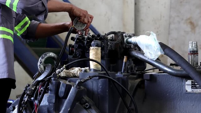  mechanic is checking and inspecting the Komatsu D155 transmission trouble while testing the transmission on the test bench in the workshop.