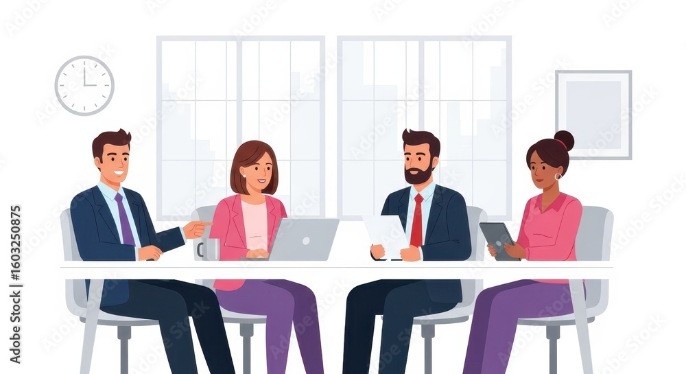 Poster flat illustration of four professionals in a meeting discussing documents and using laptops symboliz