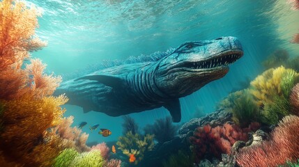 Obraz premium Ancient mosasaur-shark hybrid, with vibrant blue, green, and red colors, scaring small prehistoric fish amidst colorful corals and plants in crystal-clear blue water.