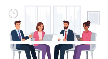 Flat illustration of Four professionals in a meeting discussing documents and using laptops symbolizing teamwork and strategy