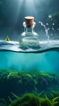 A transparent glass bottle sealed with a cork sits atop a small, verdant mossy island dotted with tiny evergreen sprigs, surrounded by concentric ripples in a pool of dark water, under a focused beam 