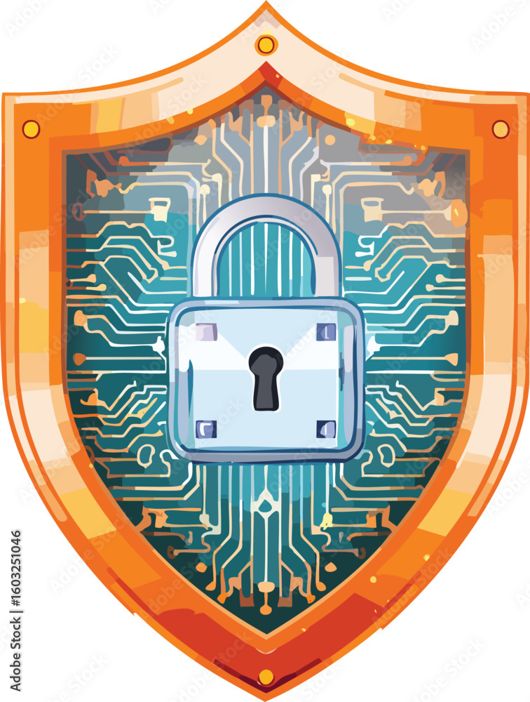 Poster futuristic cybersecurity shield with glowing tech lock and circuits