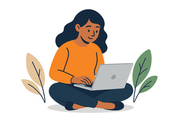 Concept illustration of a woman with a laptop in a natural setting surrounded by leaves, symbolizing remote work, freelancing, studying, and education in a flat cartoon vector style