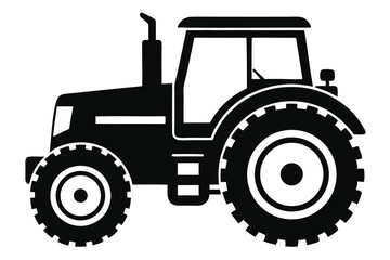 Black Silhouette of Farm Tractor with Cab and Large Tires for Agriculture Work