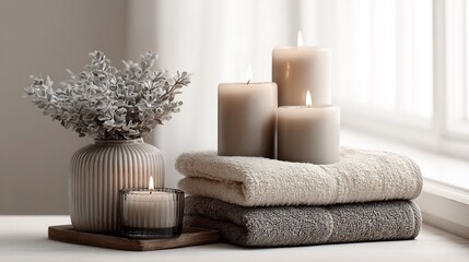 Serene Spa Still Life: Candles, Towels, and Elegant Decor for Relaxation ambiance