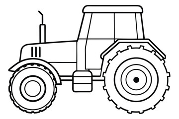 Black and White Outline Illustration of a Classic Farm Tractor Side View