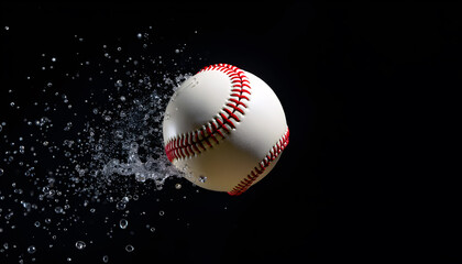 Baseball splash: a baseball dramatically pierces through water, creating a dynamic splash against a dark backdrop, encapsulating speed, motion, and the essence of sports.