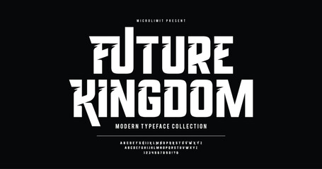 Future Kingdom: a bold modern typeface with futuristic urban flair. Featuring sharp A–Z letters in a clean, powerful style. Perfect for tech branding, digital posters, and sci-fi visuals.