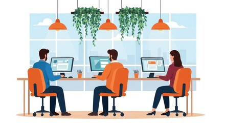 Flat illustration of Three professionals working on computers at a long table in a modern office with hanging plants and natural light