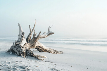 Calm White Beach With Driftwood and Misty Atmosphere