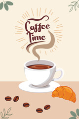 banner coffee time, cup of hot coffee, coffee beans, croissant soft pastel colors