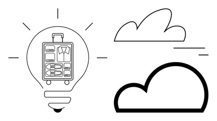 Lightbulb featuring organized luggage compartments alongside minimalist clouds. Ideal for travel, innovation, creativity, efficiency, planning, organization, simple landing page