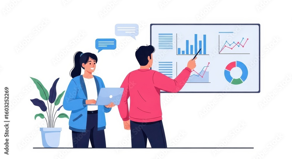 Poster flat illustration of two colleagues discuss business strategy and data analysis in front of a whiteb