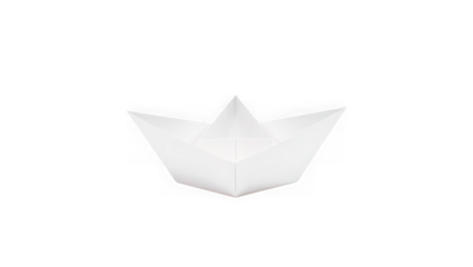 A simple white paper boat folded and isolated against a stark transparent background symbolizing childhood and imagination