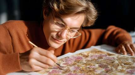 Young focused artist wearing glasses carefully painting flowers with a brush and gouache on canvas at home, creating a beautiful artwork with vibrant colors and intricate details