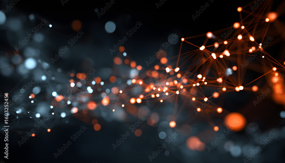 Poster abstract data visualization with glowing nodes in dark space, representing digital connectivity.