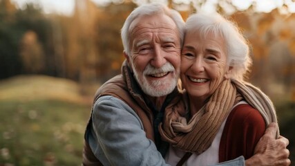 Couple enjoys a warm autumn day in a serene park, embracing under the golden foliage during sunset - Powered by Adobe