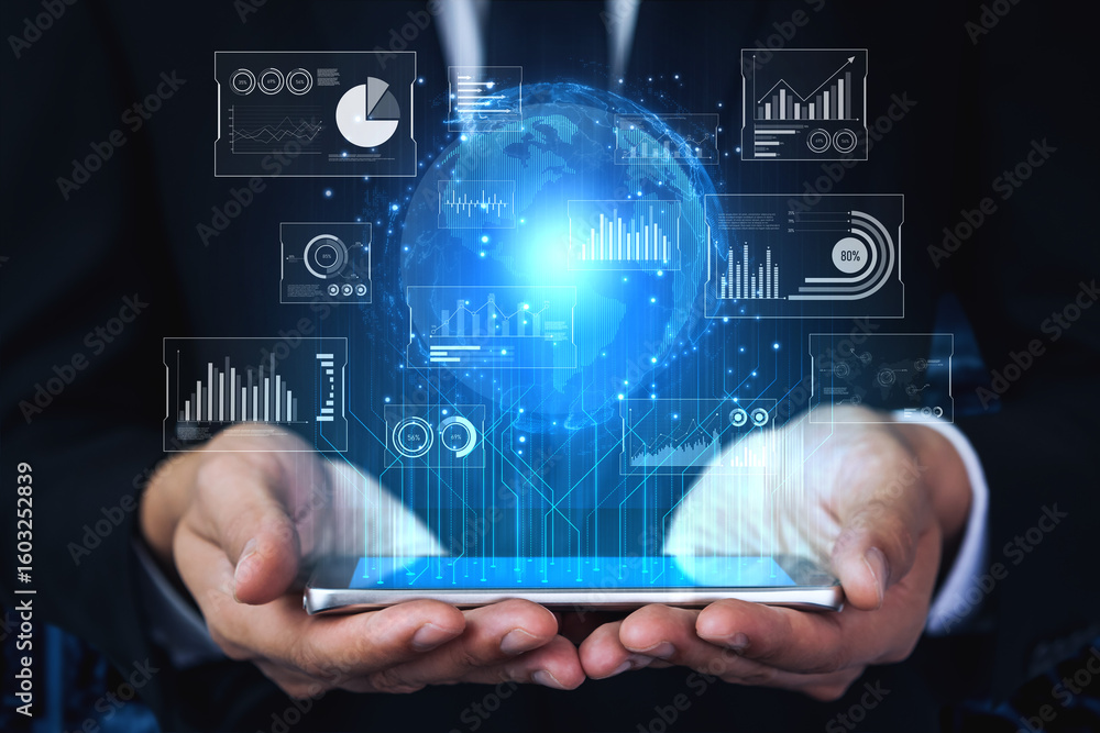 Poster real-time global data analytics dashboard visualizing insights from interconnected systems for decis