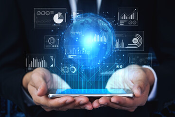 Real-time global data analytics dashboard visualizing insights from interconnected systems for...