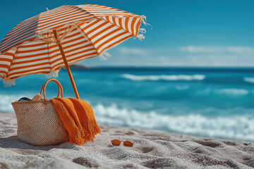 Parasol coloré avec affaires de plage sur sable fin face à la mer turquoise sous ciel bleu ensoleillé, ambiance estivale et tropicale