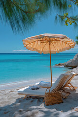 Parasol coloré avec affaires de plage sur sable fin face à la mer turquoise sous ciel bleu ensoleillé, ambiance estivale et tropicale