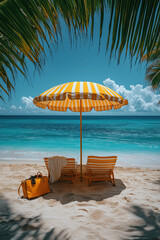 Parasol coloré avec affaires de plage sur sable fin face à la mer turquoise sous ciel bleu ensoleillé, ambiance estivale et tropicale