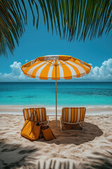 Parasol coloré avec affaires de plage sur sable fin face à la mer turquoise sous ciel bleu ensoleillé, ambiance estivale et tropicale