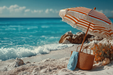 Parasol coloré avec affaires de plage sur sable fin face à la mer turquoise sous ciel bleu ensoleillé, ambiance estivale et tropicale